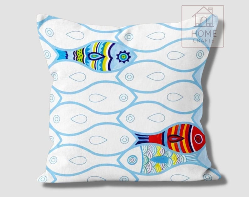 Nautical Outdoor Pillow Case, Fish Themed Pillow Cover, Decorative Pillows, Fish Restaurant Pillow, Pillow for Beach House, Coastal Decor Pattern #6