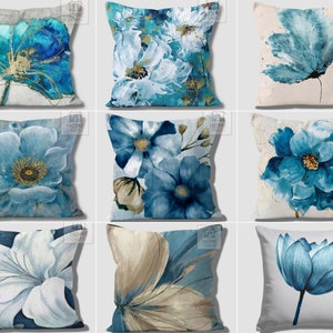 Blue Flower Couch Pillow Cases, Decorative Trendy Cushion Case, White Floral Sofa Decor Covers, Premium Quality Pillows, Elegant Home Design