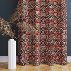 Rustic Lodge Curtain Panel, Vintage Bohemian Window Treatment, Folk Art Inspired Living Room Drape, Eclectic Tribal Style Fabric, Boho Drape