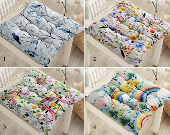 Coussins de siège fleurs sauvages, Coussin de siège d'extérieur floral rustique, Coussinets paon, Coussin oiseau bleu résistant à l'eau, Coussin de siège tendance arc-en-ciel