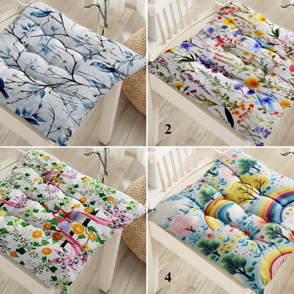 Wild Flowers Seat Pads, Rustic Floral Outdoor Seat Cushion, Peacock Cushion Pads, Water Resistant Blue Bird Cushion, Rainbow Trend Seat Pad