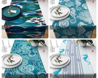 Nautical Table Runner, Fish Pattern Runner, Seahorse Table Top, Aqua Table Cover, Dining Decor, Rectangle Tablecloth, Teal Blue Runner