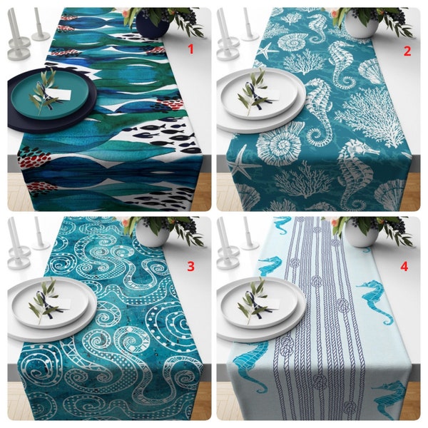 Nautical Table Runner, Fish Pattern Runner, Seahorse Table Top, Aqua Table Cover, Dining Decor, Rectangle Tablecloth, Teal Blue Runner