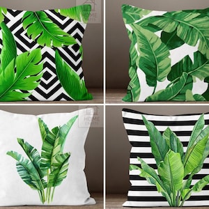 Green Leaves Pillow Covers, Decorative Throw Pillows, Patio Pillow Case, Green Black Pillow Sham, Tropical Plant Cushion Case, Leaf Decor