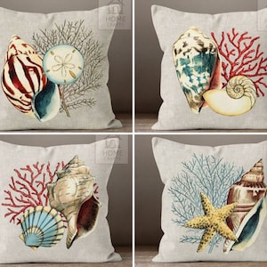 Oyster Throw Pillow Case, Coral Pillow Cover, Starfish Outdoor Cushion, Beach House Pillow Sham, Sea Shell Cushion Cover 18x18, 20x20, 24x24