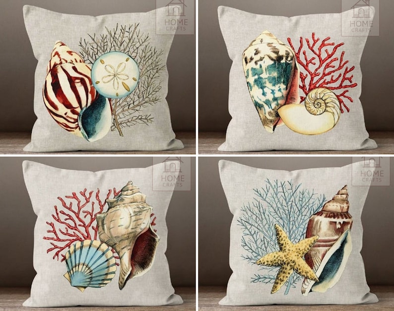 Oyster Throw Pillow Case, Coral Pillow Cover, Starfish Outdoor Cushion, Beach House Pillow Sham, Sea Shell Cushion Cover 18x18, 20x20, 24x24 image 1