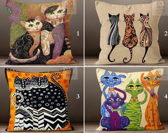 Cartoon Cat Throw Pillow Cover, Art Nouveau Kitten Design