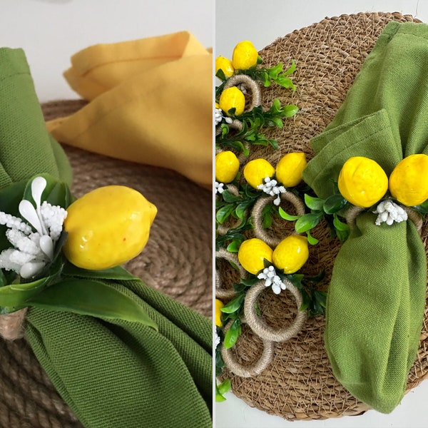 Ronds de serviette citron, faux fruits, ronds de serviette printemps, porte-serviette floral, décoration de table jaune, rond de serviette fait main