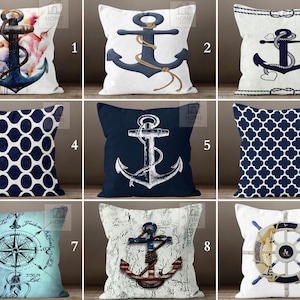 Anchor Design Pillow Cover, Compass Pillowcase, Nautical Decorative Pillow Sham, Rudder Pillow Top, Navy Blue Pillow Protector, Marine Decor