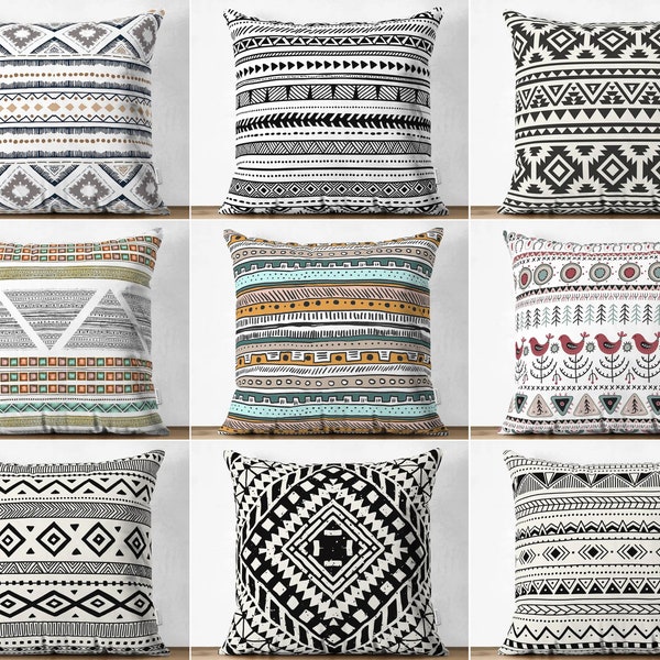 Taie d'oreiller ethnique, taie d'oreiller à motif africain, housse de coussin noir et blanc, housse de coussin décorative design spécial motif scandinave