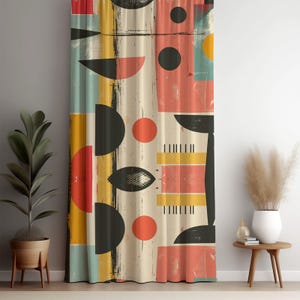 Colorful Abstract Design Curtains, Retro Inspired Geometric Pattern Curtain, Mid-Century Modern Fabric, Bohemian Style Drape, Eyelet Curtain