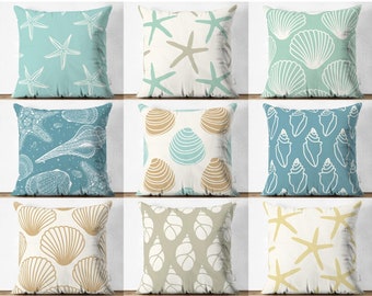 Widows Walk Throw Pillow Covers, Starfish Design Pillow Cases, Sea Shell Pillow Shams, Oyster Cushion Covers, Sea Green Pattern Pillow Top