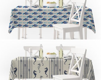 Nautical Style Table Sheets, Fish Pattern Tablecloth, Seahorse Print Table Covers, Sea Themed Tableware, Marine Table Toppers, Yacht Decor