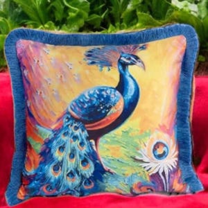 Peacock Velvet Throw Pillow Cover, Tasseled Velvet Decorative Pillow Cover 18x18 inches, Chic Luxury Home Style, Elegant Pillowcase For Sofa