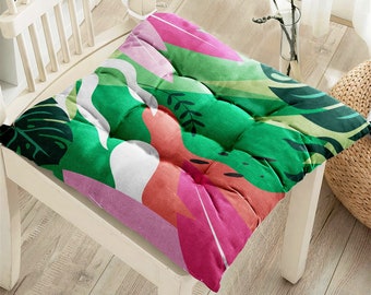 Tropical Leaves Chair Pads, Coastal Puffy Seat Cover, Vibrant Color Patio Seat Pad, Abstract Square Seat Cushion, Dining Cushion, Home Gift