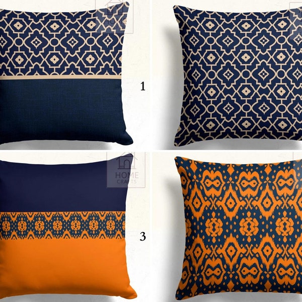 Moroccan Pillow Cover, Navy Blue Luxury Pillow Case, Navy and Orange Authentic Cushion, Ethnic Cushion Case, Authentic Decor, Throw Case