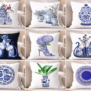 Blue and White Chinoiserie Pillow Cover, Porcelain Design Cushion Case