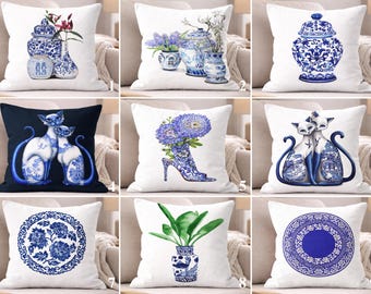 Blue and White Chinoiserie Pillow Cover, Porcelain Design Cushion Case