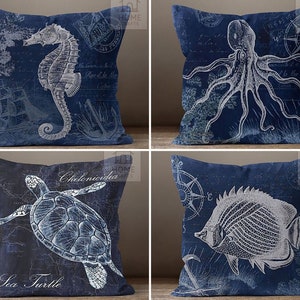 Sea Life Pillow Cover, Fish Throw Pillow Case, Turtle Outdoor Cushion Case, Beach Pillow, Ocean Pillow, Nautical Cushion 16x16, 18x18, 20x20