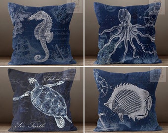 Sea Life Pillow Cover, Fish Throw Pillow Case, Turtle Outdoor Cushion Case, Beach Pillow, Ocean Pillow, Nautical Cushion 16x16, 18x18, 20x20