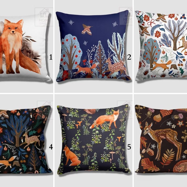 Fox and Deer Pillow Cases, Fox Pillow Cover, Jungle Throw Pillow, Forest Pillow, Xmas Cushion Case, Christmas Pillows, Woods Pillow Sham