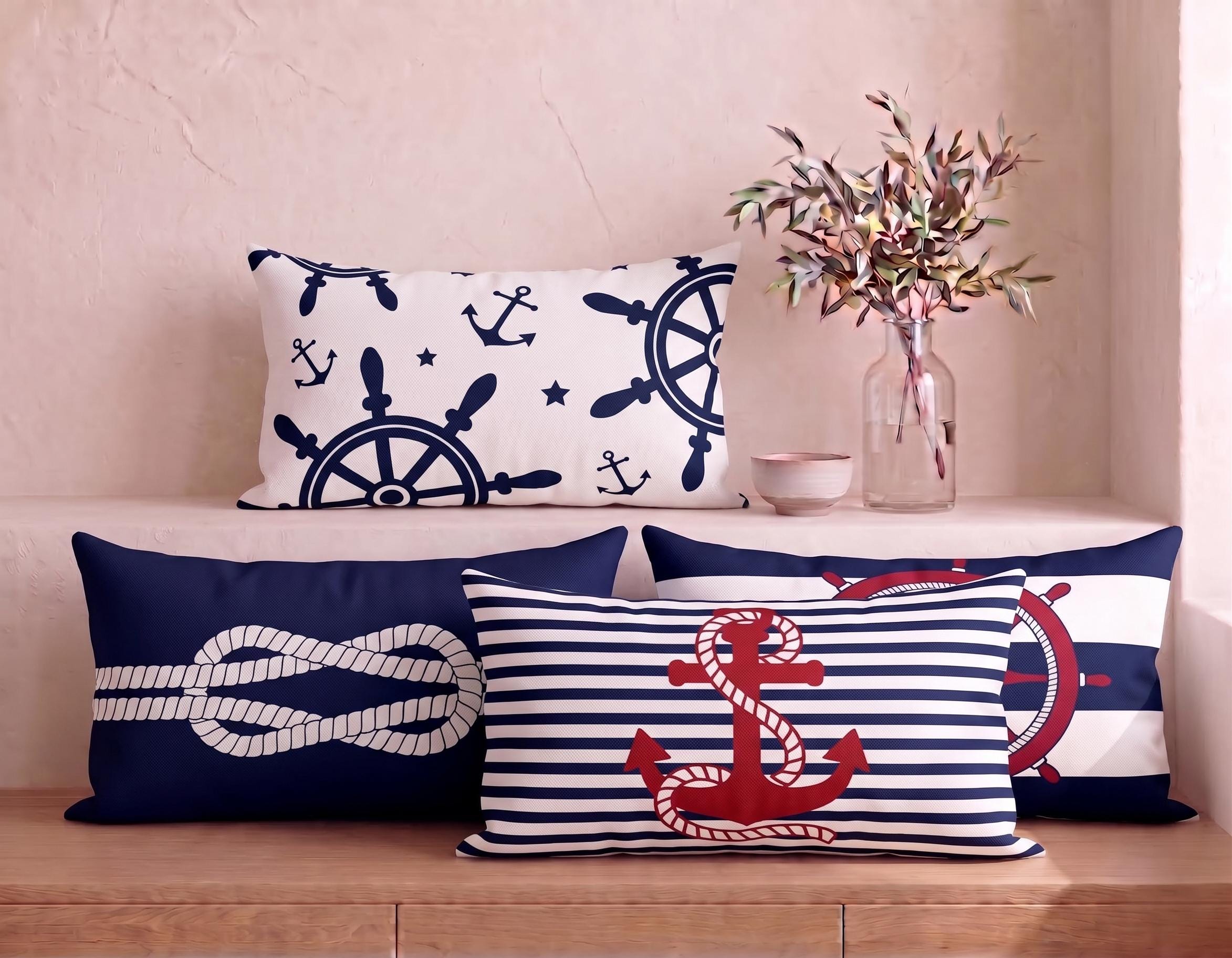 Nautical Lumbar Pillow Cover, Anchor, Knot, and Wheel Designs - Etsy