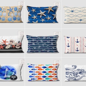 Nautical Pillow Covers, Navy Bolster Cover, Ocean Decor, Marine Cushion Cover, Beach House Lumbar Pillow Case, Sea Life Throw Pillow