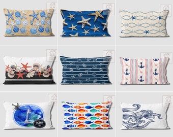 Housses de coussin marins, traversin bleu marine, décoration océan, housse de coussin marin, taie d'oreiller lombaire maison de plage, coussin Sea Life