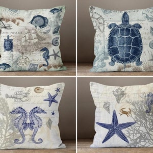 Ocean Pillow Cases, Turtle Fish Crab Seahorse Starfish Beach Decorative Cushion Cover, Marine Throw Pillow, Coastal Decor, Housewarming Gift