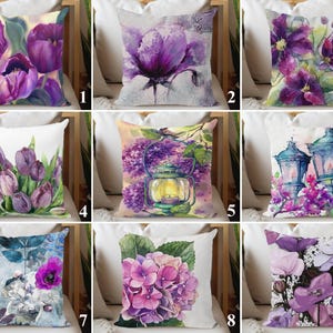 Purple Tulip Hydrangea Pillow Cover, Watercolor Lilac Cushion, Lavender Floral Spring Decor