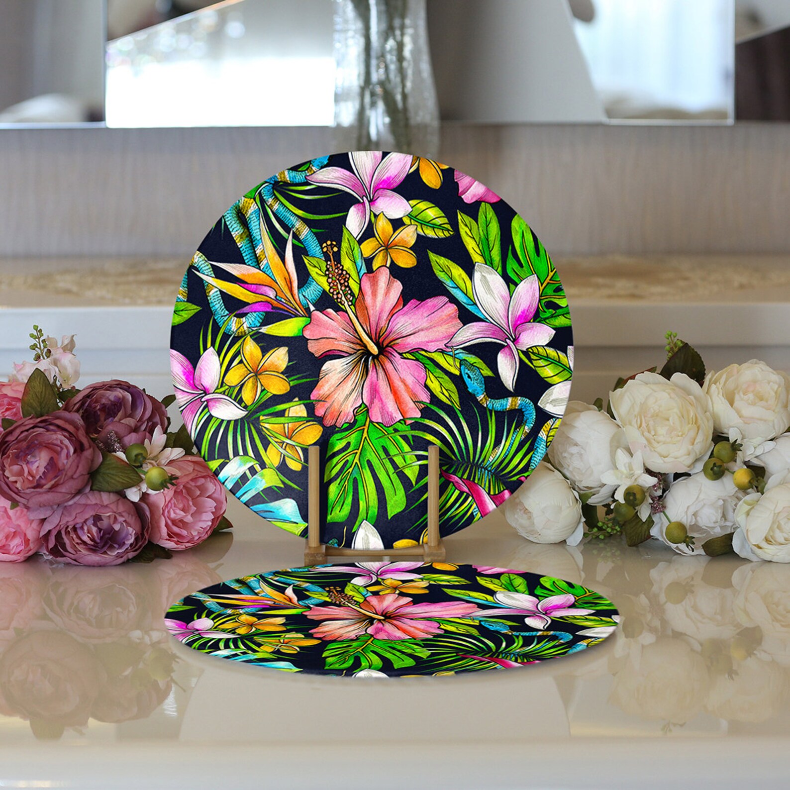 Tropical Placemat Hawaiian Placemats Tropical Round Etsy