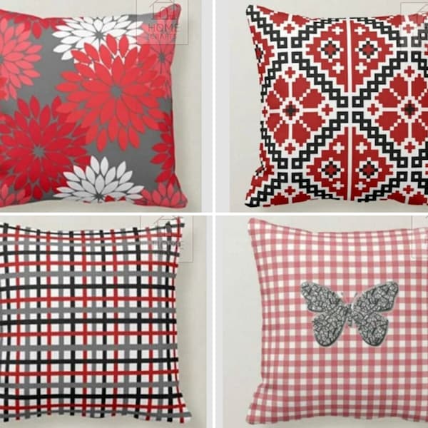 Red and Gray Pillow Cover, Floral Style Cushion Cover, Plus Sign Design Pillow Sham, Checked Pillow Topper, Decorative Pillow Cases