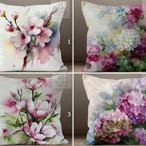 Hydrangea Flower Pattern Pillow Cover, Magnolia Flower Design Pillow Case, Cherry Blossom Style Cushion Cover, Japanese Floral Pillow Sham