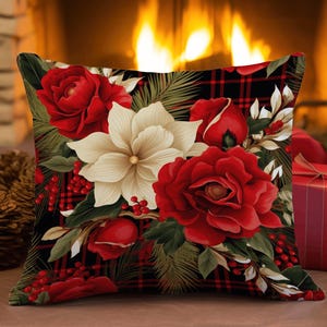 Poinsettia Christmas Pillow Covers, Holiday Floral Cushion Cover with Red & White Flowers, Farmhouse Winter Throw Pillow Slip, Festive Decor