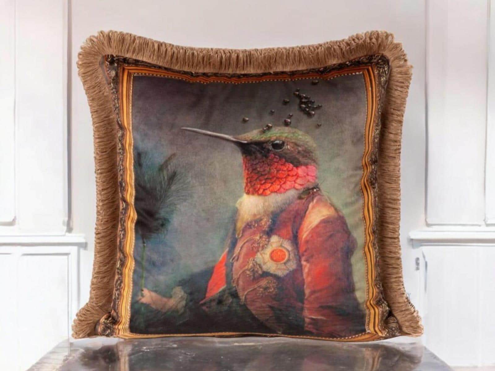 Unique Bird Print Velvet Throw Pillow Cover, Tassels Velvet Decorative Pillow Cover 18x18", Luxury Home Design 45x45 cm, Pillowcase For Sofa
