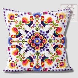 Polish Folk Art Pillow Cover, Wycinanki Flower Cushion, Colorful Ethnic Case Pattern #2