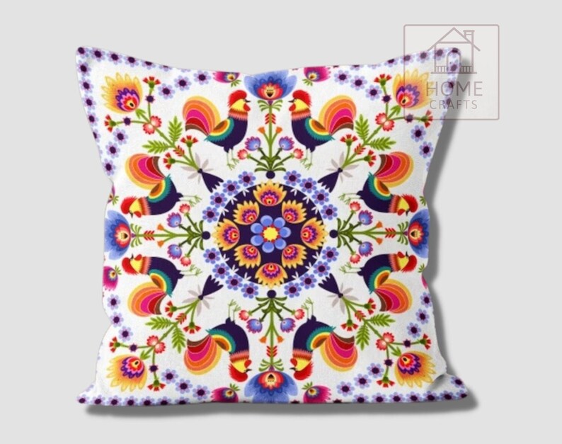 Polish Folk Art Pillow Cover, Wycinanki Flower Cushion, Colorful Ethnic Case Pattern #2