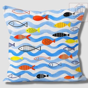 Nautical Outdoor Pillow Case, Fish Themed Pillow Cover, Decorative Pillows, Fish Restaurant Pillow, Pillow for Beach House, Coastal Decor Pattern #4