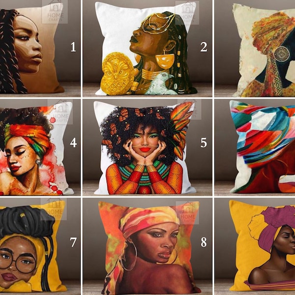 Beautiful Black Girl Pillow Covers, African Goddess Pillowcase, African Woman Pillow Protector, Afro Girl Cushion Cover, Ethnic Home Decor