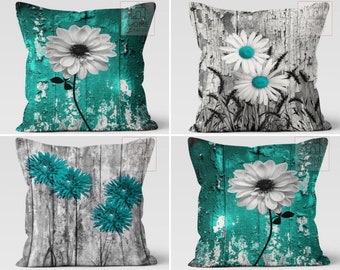 Floral Pillow Covers, Turquoise Throw Pillow Case, Summer Trend Cushion Cover, Daisy Pillow Cover, Floral Home Decor, Housewarming Gift