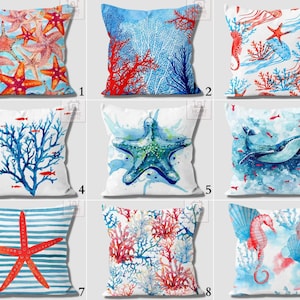 Seaweed Print Pillow Covers, Moss Throw Pillow Case, Starfish Outdoor Cushion, Beach House Pillows, Coral Cushion 18x18, 16x16, 20x20, 24x24