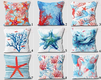 Seaweed Print Pillow Covers, Moss Throw Pillow Case, Starfish Outdoor Cushion, Beach House Pillows, Coral Cushion 18x18, 16x16, 20x20, 24x24