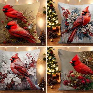 Cardinal Pillow Cover, Christmas Bird Pillowcases, Holly Berry Style Throw Pillow Sham, Winter Decorative Cushion Case, Floral Pillow Top