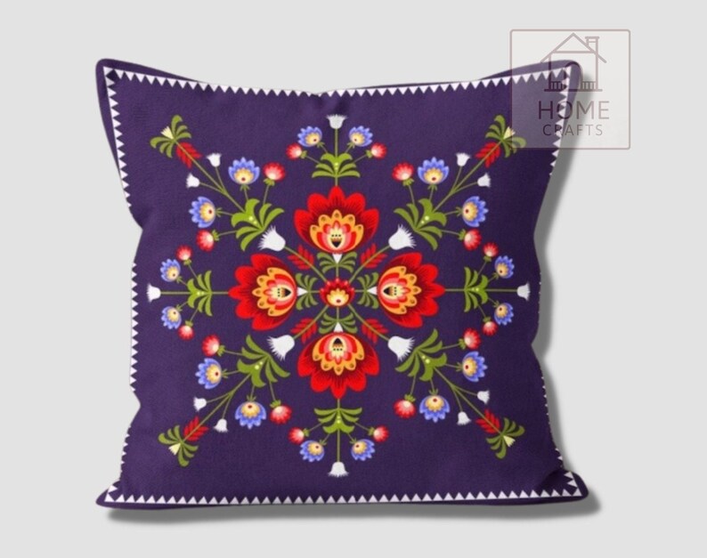 Polish Folk Art Pillow Cover, Wycinanki Flower Cushion, Colorful Ethnic Case image 13
