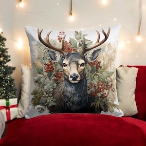 Reindeer Pillow Covers, Holly Berries Pillowcase, Candle & Pine Cone Cushion Case, Christmas Ornament Pillow Slipcover, Noel Deer Decoration