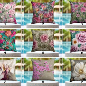 WATERPROOF Rose Cushion Covers, Pink Flowers Outdoor Pillowcases, Water Resistant Premium Vector Couch Pillow Sham, Pink Floral Cushion Case