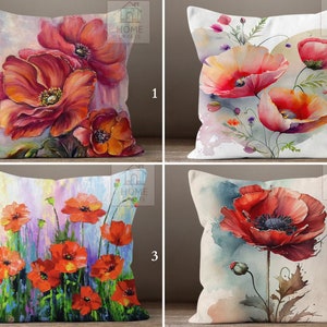 Poppy Floral Accent Pillow Cover, Poppies Flower Pillowcase, Red Color Flower Pillow Sham, Botanical Pillow Top, Floral Outdoor Cushion Case