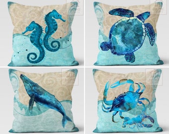 Nautical Patio Pillow Cover, Sea Turtle Marine Throw Pillow, Teal