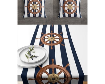 Ship Wheel Pillow and Runner Set, Nautical Outdoor Runner&Pillow Set, Water-Resistant Marine Pillow, Nautical Bridal Shower Decor, Navy Gift