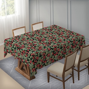 Holly Berry Tablecloth, Christmas Dinner Setting, Xmas Table Cover, Red Berries Table Sheet, Winter Celebration Table Topper, Christmas Deco